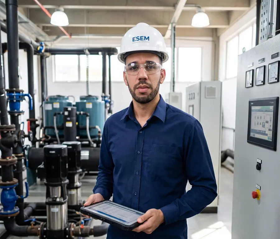 Engenheiro Diego Erse, da ESEM, com capacete e tablet em uma casa de máquinas